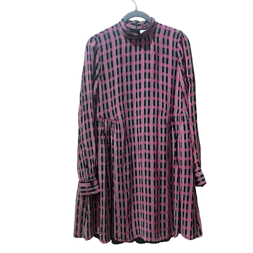 Ganni Black and Pink Plaid Long Sleeve Georgette Mock‎ Neck Dress Size Small